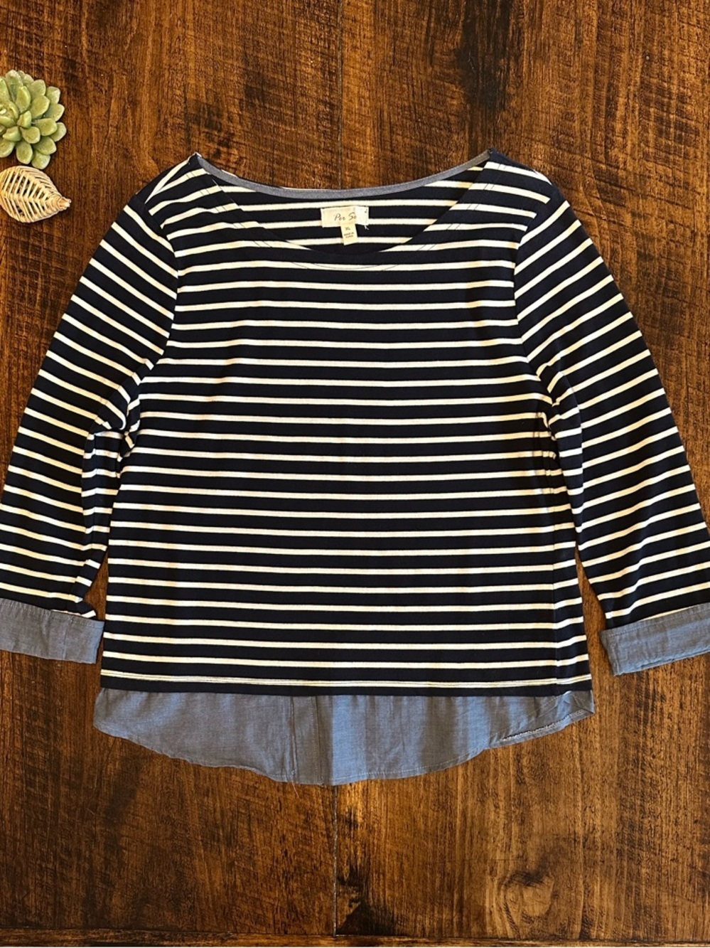 Per Se | Striped Boatneck Top with Faux Chambray Layered Hem & Cuffs, Size XL
